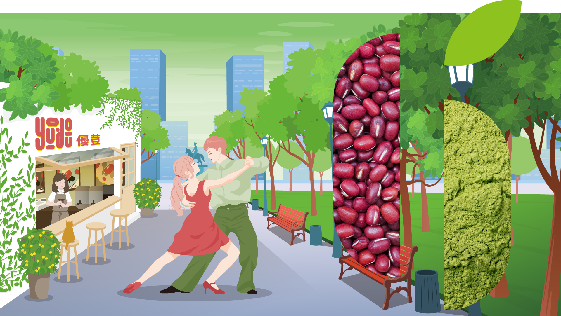 A man and a woman are dancing in a park next to a pile of red beans.