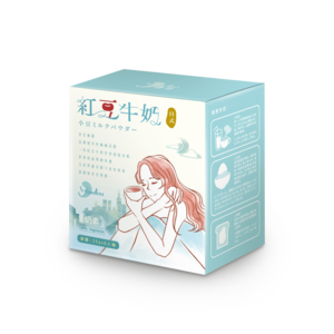 A blue box with a drawing of a woman drinking from a cup