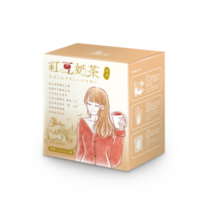 A box with a picture of a woman holding a cup of tea