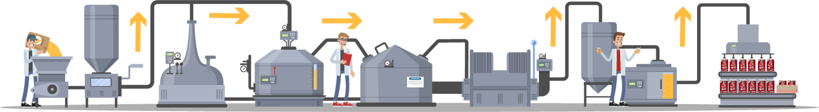 A drawing of a factory with a lot of machinery and people.