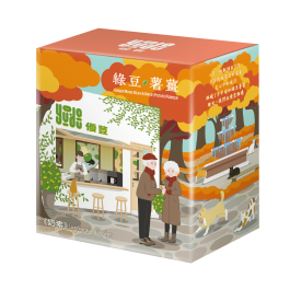 A box with a man and woman standing in front of a store